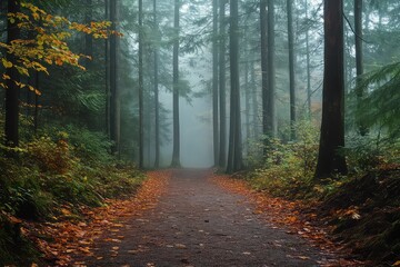 Obraz premium A misty path through towering evergreens, where nature's silence is only broken by rustling leaves.