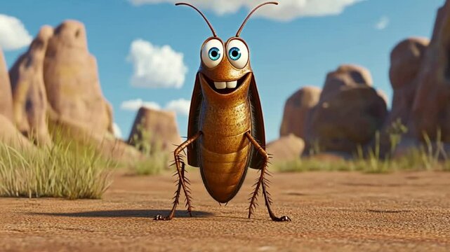 Cartoon cockroach in desert landscape, cheerful expression, for children's content