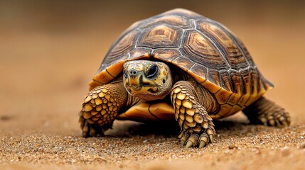 Fototapeta premium A turtle crawling on a sandy beach, leaving delicate tracks in the smooth sand