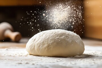Obraz premium Freshly kneaded dough on a wooden surface with flour dusting in the air and rolling pin nearby