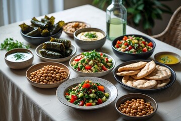 Middle Eastern Food, Hummus, Dolma, Tabouli, Pita Bread, Mezze Platter, Food Photography, Close Up, Healthy Food, Vegetarian, Mediterranean Cuisine, Authentic Cuisine