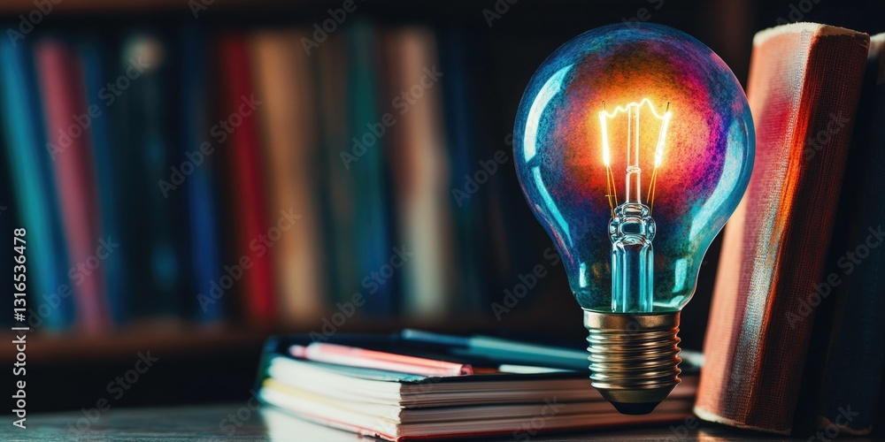 Poster energy-saving light bulb on a bookshelf with books in the background, symbolizing the idea of enligh