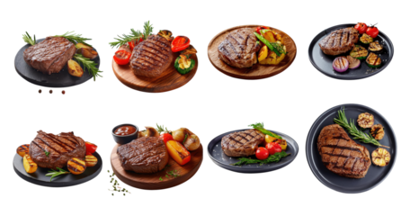 Grilled Steak Dishes with Fresh Vegetables and Flavorful Sides, PNG bundle collection, Isolated on Transparent Background