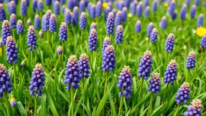 Fototapeta premium Colorful grape hyacinth flowers blooming on a lush green meadow, nature,, garden