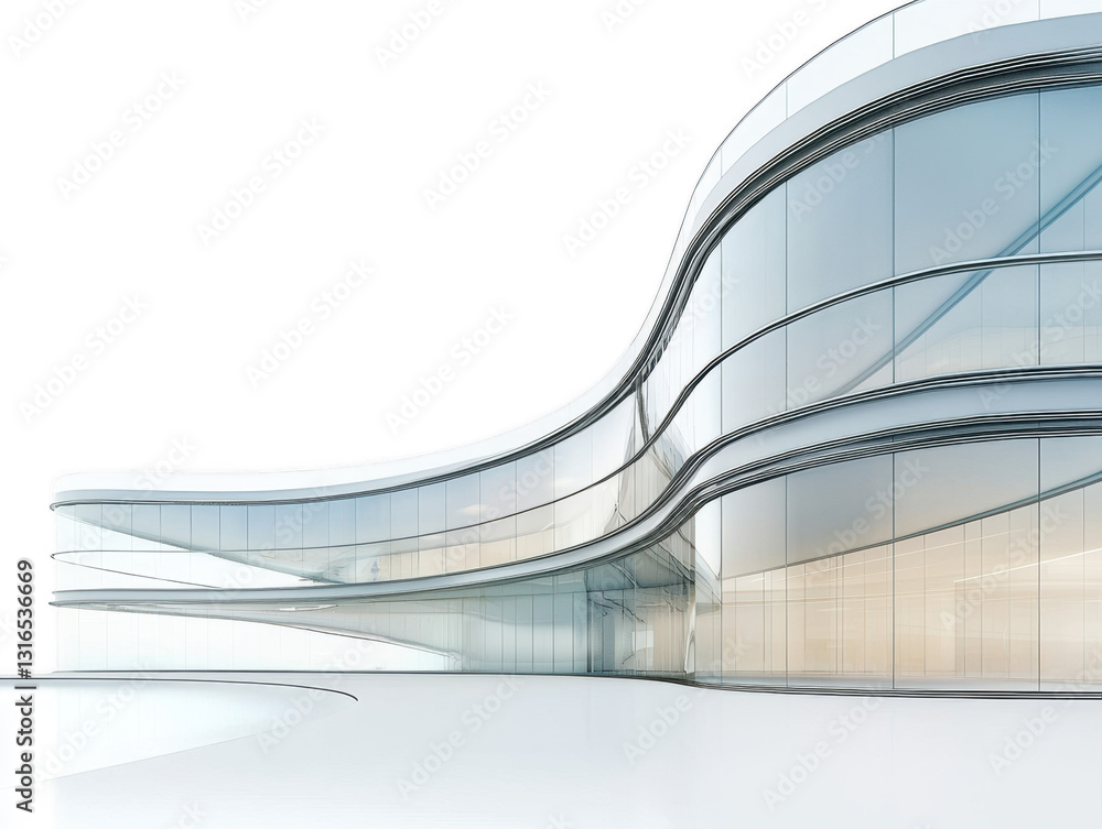 Poster modern, futuristic building with curved glass architecture and sleek design. structure features smoo