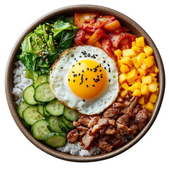 A Bowl of Korean Bibimbap Mixed Rice with Vegetables Isolated on Transparent Background