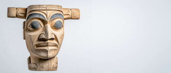 Carved Totem Face: A weathered wooden totem face with expressive eyes and a carved mouth, crafted in the traditional style of First Nations artistry, stands against a plain backdrop.
