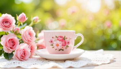 Fototapeta premium Pastel pink teacup resting on lace doily, elegant garden scenery