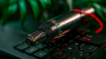 Electronic device rests on a keyboard with red cord and leaves