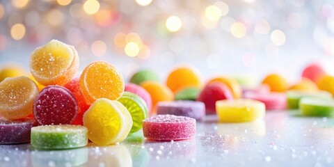 A delightful assortment of colorful, sugared fruit jellies sits on a sparkling surface, illuminated by a soft, shimmering background.
