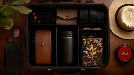 A curated selection of travel accessories inside a suitcase