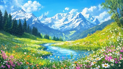 Fototapeta premium Sunny alpine meadow with stream, wildflowers, and snow-capped mountains.