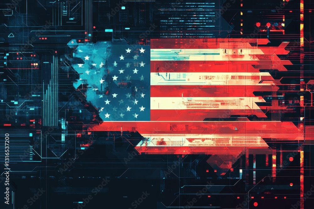 Poster an abstract representation of the american flag with digital elements