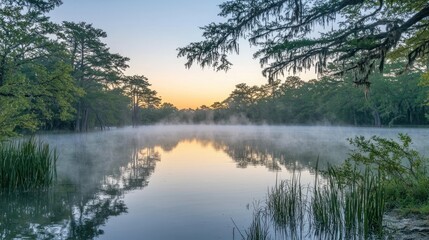 Obraz premium Misty sunrise over calm lake reflecting trees.