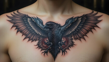 Chest with Bird Tattoo Design Featuring Dark Feathers and Ornament
