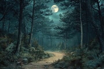 A moonlit forest path in a dense pine woodland, creating a magical and mysterious atmosphere.
