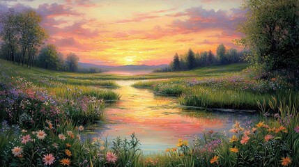 Obraz premium Serene sunset over tranquil river flowing through vibrant wildflowers meadow.
