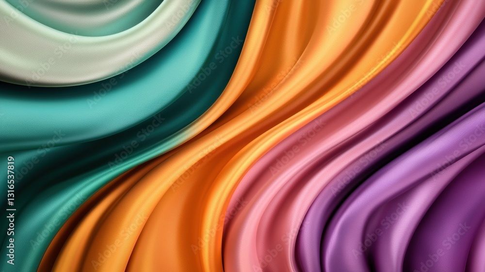 Poster a vibrant display of flowing fabric in various colors, showcasing elegant curves and a silky texture