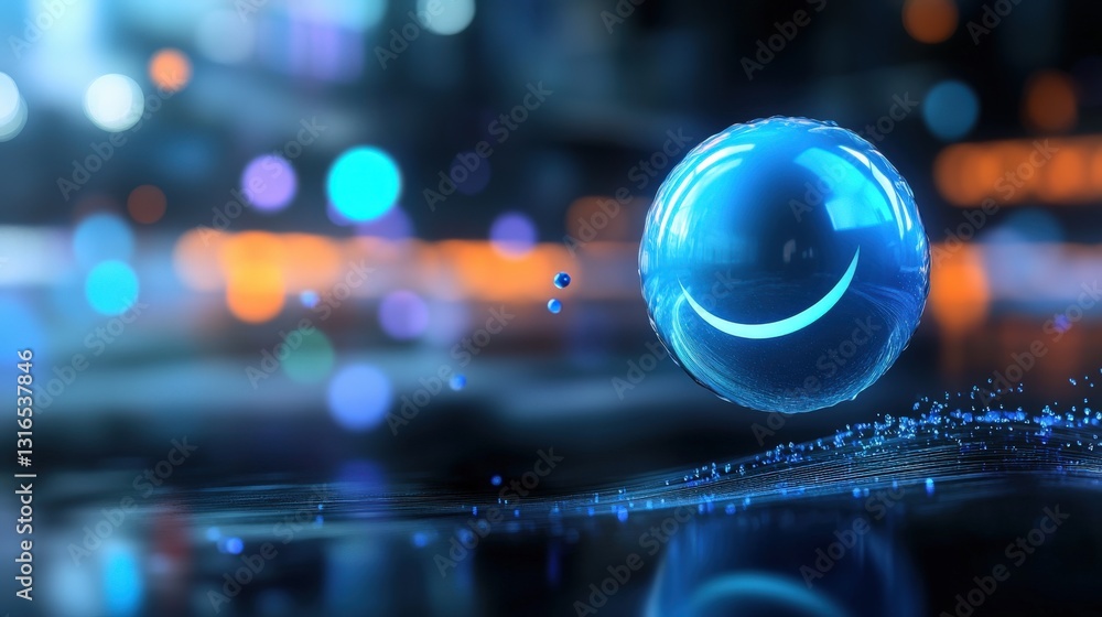 Poster floating blue sphere digital realm animation futuristic environment close-up view concept of joy and