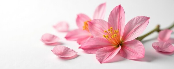 Fototapeta premium Delicate flower petals unfolding on a white surface, white background, isolation