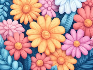 Fototapeta premium Vibrant floral arrangement featuring colorful daisies and leaves on a dark background