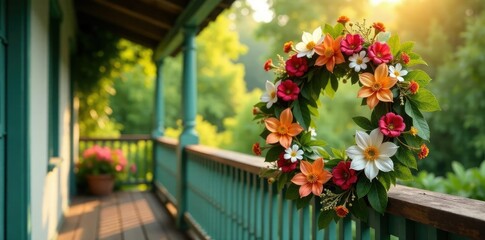 Obraz premium Dried flower wreath on wooden veranda railing, railing, garden, floral