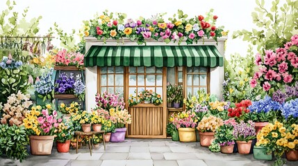 Charming watercolor illustration of a flower shop adorned with vibrant blooms and a welcoming entrance.