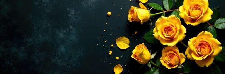 Dried yellow roses scattered on dark velvet background, roses, botanical, arrangement