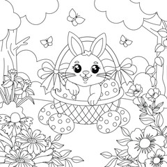 Coloring Easter bunny with a basket. For children's creativity, prints and embroidery. Vector illustration.