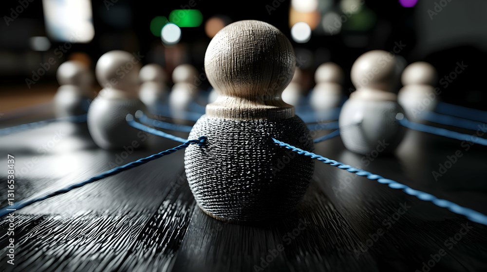 Poster wooden figures connected with blue strings representing community network
