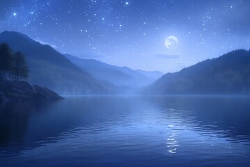 Calm lake reflects moon and stars, mountains in background, for meditation or tranquility