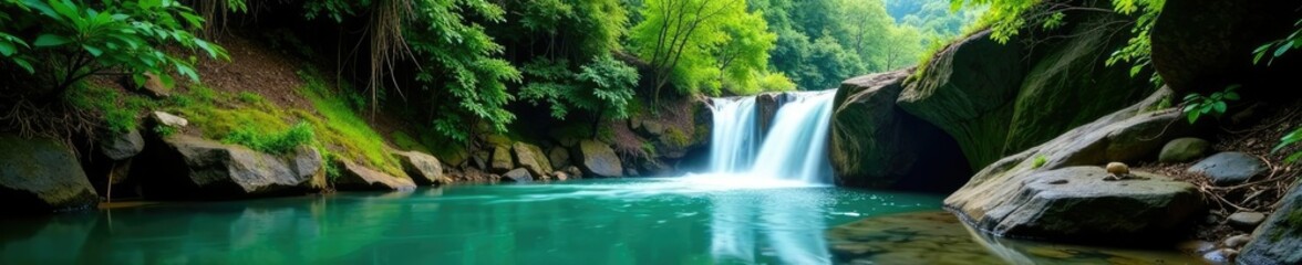 Fototapeta premium Emerald waters of Juan Diego Falls cascading down rocky terrain in El Yunque National Forest, rock, forest