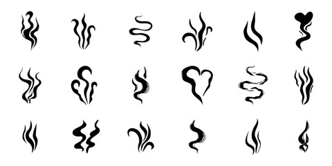 Steam smoke hand drawn line comic doodle. Aroma trail, cloud or wind silhouette. Smells hot air fragrance evaporate set. 