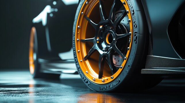 Sleek, dark sports car with vibrant orange rims
