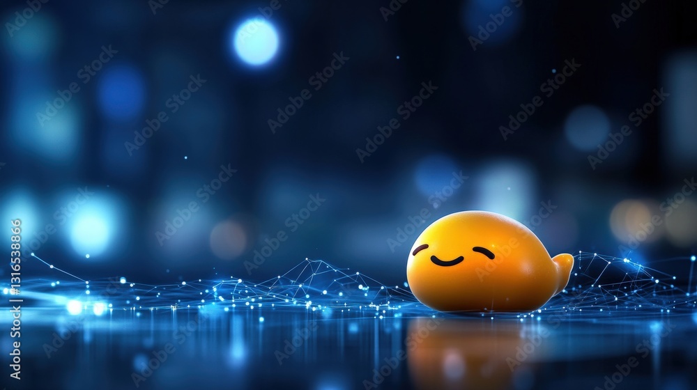 Poster joyful orange whale character in a futuristic digital environment playful scene abstract design brig