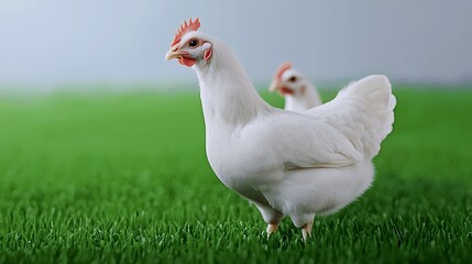 Fototapeta premium White Chickens in Green Grass Farm Pasture Poultry Farming Scene