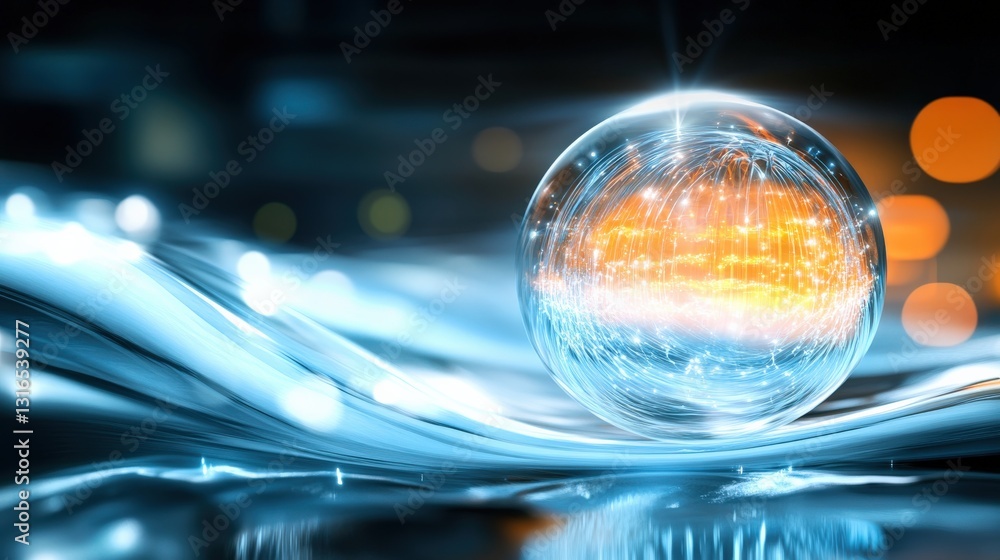 Poster dynamic light and energy sphere floating above surging waves abstract visual art digital environment