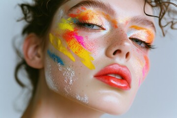A model showcasing creative face painting with vivid colors, including glittery accents on the eyes.