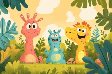 Three happy cartoon monsters smiling in a playful outdoor scene