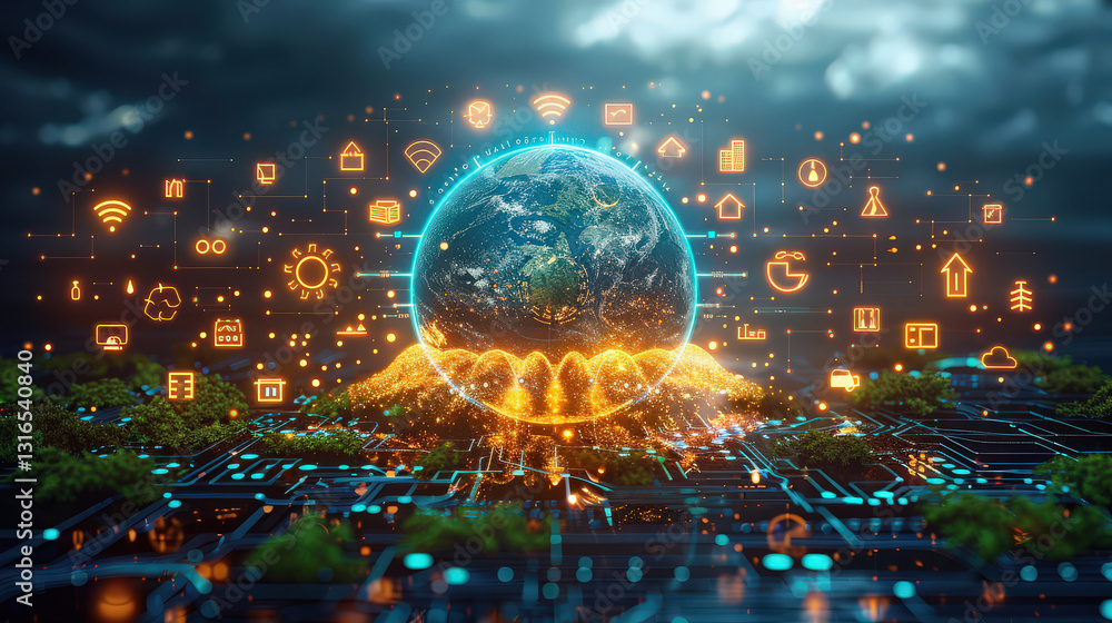 Aufkleber futuristic concept of global warming and environmental technology is depicted with glowing earth sur