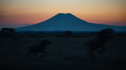 Wildebeest Running Silhouetted Against Mount Kenya at Sunset