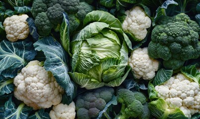 Healthy green leafy vegetables high in vitamins, cabbage, broccoli, cauliflower, 4k background image