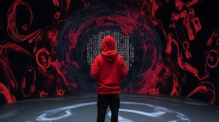Red Digital Art: Hooded Figure in a Swirling Data Vortex AI Generated