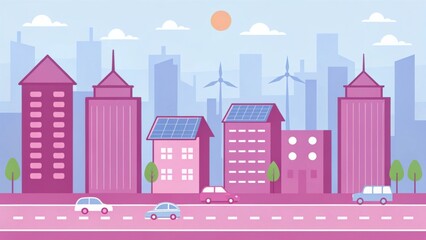 Fototapeta premium Mitigation of carbon emissions helps combat climate change concept. Colorful city skyline with modern buildings and wind turbines under a sunny sky.