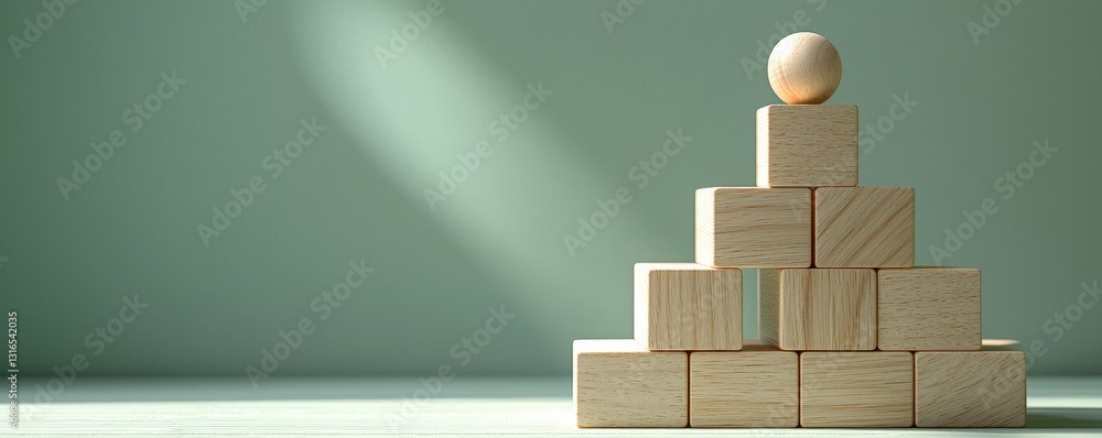 Poster a minimalist arrangement of wooden blocks forming a pyramid with a sphere atop, creating a calm and 