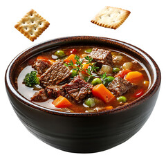 A Hearty Beef and Vegetable Soup with Crackers Isolated on Transparent Background