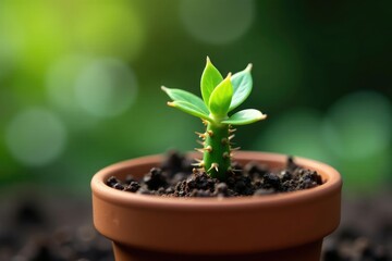 Prickly plant stem emerging green cactus sprout clay pot garden growth, botany, growing
