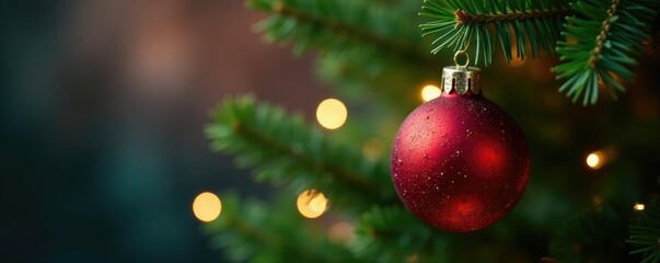Shimmering red Christmas ornament hanging from a fragrant spruce branch, Christmas tree lights, festive decorations, Christmas ornaments