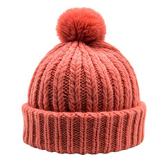 A Knitted Wool Hat with Pom Pom in Coral Pink Isolated on Transparent Background