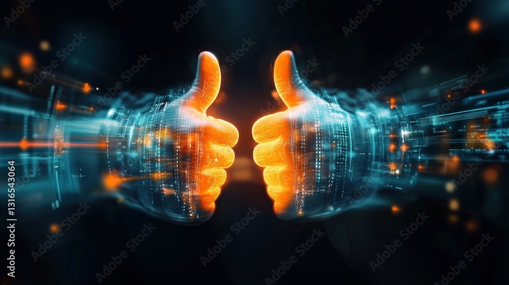 Poster digital innovation showcase futuristic thumbs up gesture virtual space visual art high-tech environm